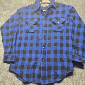 VTG Bemidji Woolen Mills Shirt Jacket‎ L Long Wool Blue Black Buffalo Plaid USA